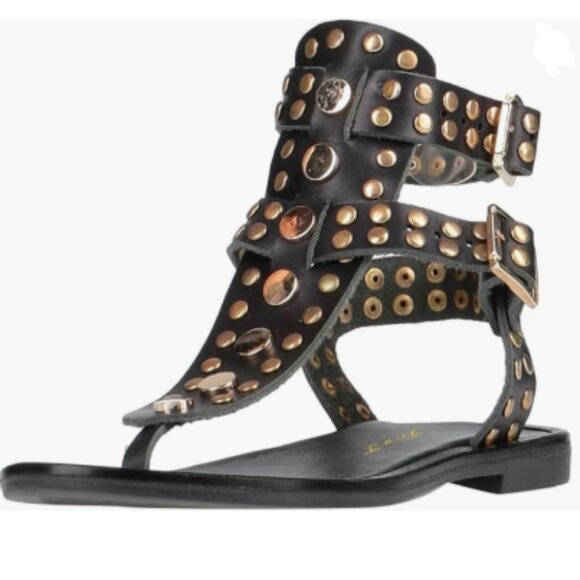 FOWT Black Round Split Toe Sandal Rivet Studded Flat Gladiators Ankle Strap Shoe - Picture 1 of 8